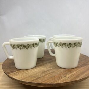 Vintage Pyrex Mugs Set of 4 Spring Blossom Green Crazy Daisy Milk Glass USA 1410